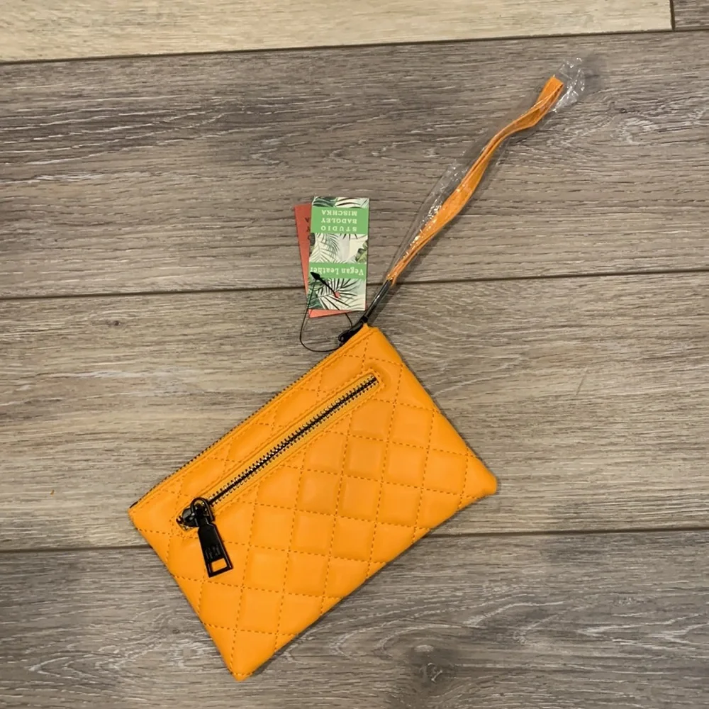 LMT: Badgley Mischka Quilted Logo Wristlet Pouch in Yellow Gold